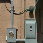 Electrical meter and circuit breaker box mounted on a beige exterior wall.