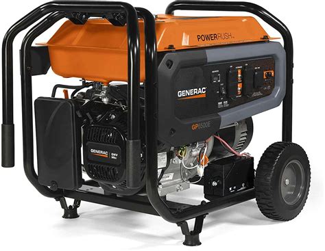 Portable orange and black gasoline generator with wheels and control panel.